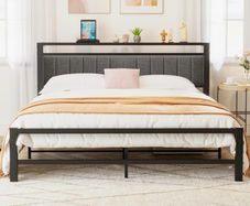 King Size Bed Frame with Storage Headboard, Metal Upholstered Platform Bed Frame King