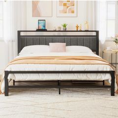 King Size Bed Frame with Storage Headboard, Metal Upholstered Platform Bed Frame King