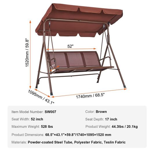 3-Seat Patio Swing Chair, Outdoor Patio Swing with Adjustable Canopy, Porch Swing with Armrests, Teslin Fabric and Alloy Steel Frame, for Balcony, Backyard, Patio, Garden, Poolside, Brown