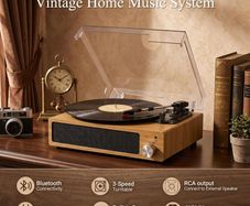3-Speed Bluetooth Record Player Turntable, Built-In Speakers, RCA  AUX, 33/45/78 RPM, Fits 7, 10 & 12 Vinyl Records, Anti-Skip Stylus for Beginners & Retro Fans