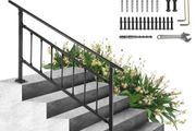 Outdoor Stair Railing, Fits for 1-4 Steps Transitional Wrought Iron Handrail, Adjustable Exterior Stair Railing, Handrails for Concrete Steps with Installation Kit, Matte Black Outdoor Handrail
