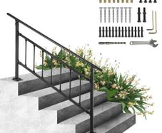 Outdoor Stair Railing, Fits for 1-4 Steps Transitional Wrought Iron Handrail, Adjustable Exterior Stair Railing, Handrails for Concrete Steps with Installation Kit, Matte Black Outdoor Handrail