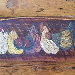 Hand-painted primitive folk art chicken sign on reclaimed barn wood.