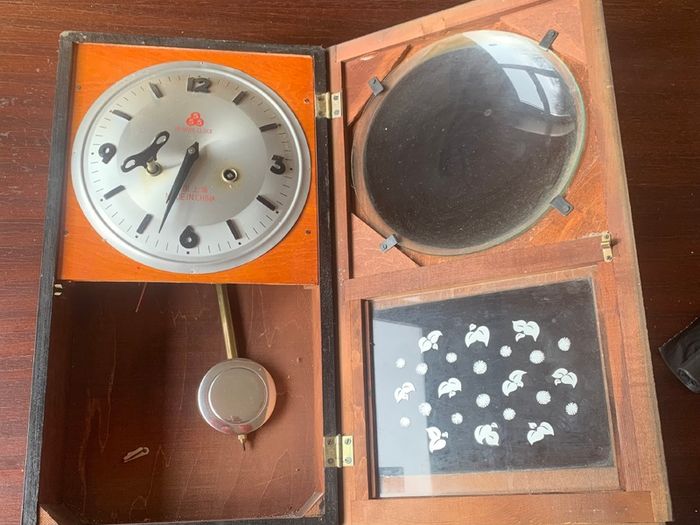 Vintage Mechanical wall clock with key, mid century retro wooden chime clock Antique wall decor Collectible Timepiece