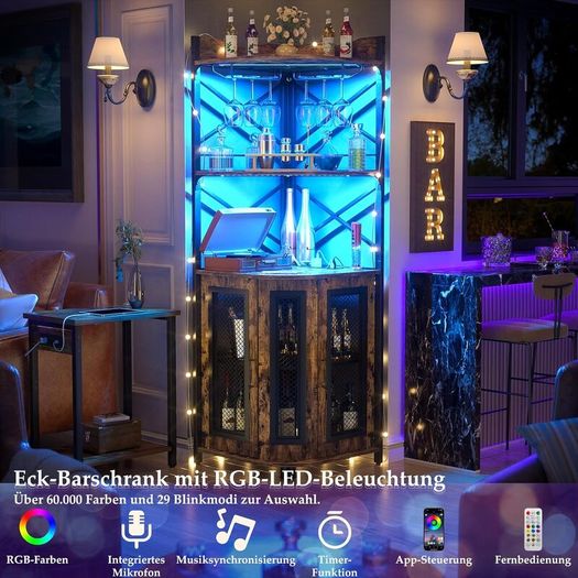 Corner Bar Cabinet with Socket, Industrial Wine Cabinet with LED Strip and Glass Holder, 5 Tier Spirit Rack for Home