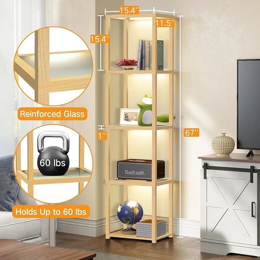 67" Glass Display Shelf with Dimmable LED Floor Lamp, Collectibles Display Cabinet with Remote & App Control, 5 Tier Open Bookshelf Lamp for Living Room, Bedroom, Office, Home Decor, Wood