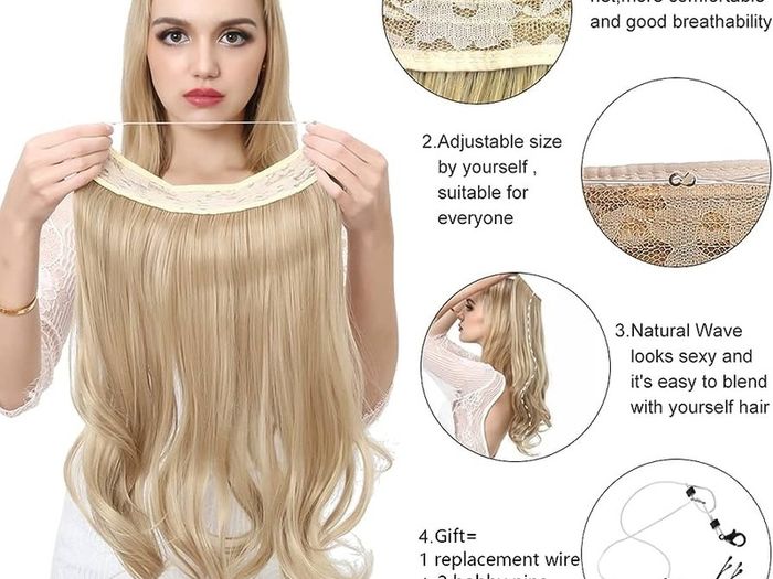 Hair Extension 18 Inch Invisible Adjustable Wire Hair Piece Curly Wavy Long Synthetic Hairpieces for Women Natural Heat Temperature Fiber (18 Inch (Pack of 1), Honey Blonde/Bleach (MULTIPLE COLOURS AVAILABLE)
