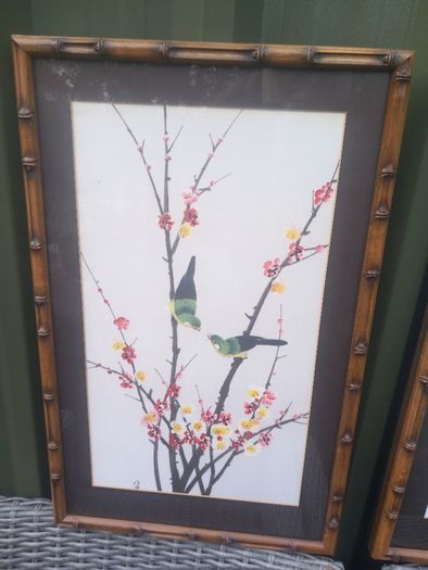 Bamboo style frames on hand painted birds on silk, stunning, collectible, signed. D18
