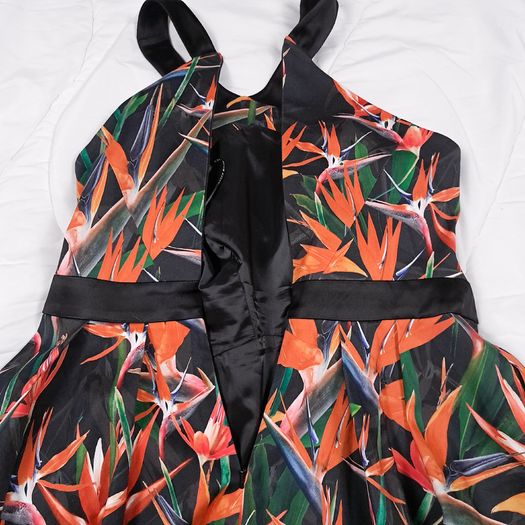 Karen Millen Black Orange Bird of Paradise Floral Halter Neck Fit and Flare Dress 14UK/42EU
