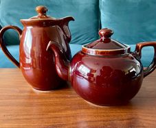 Denby Homestead Large Brown Ceramic  Nevadrip Teapot and Vintage Glazed Stoneware Coffee Pot
