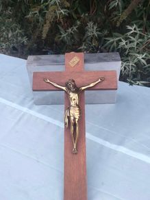16" Mid Century Brass Christ on Mahogany cross