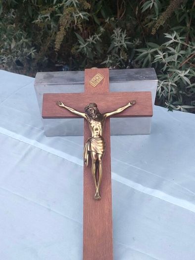 16" Mid Century Brass Christ on Mahogany cross
