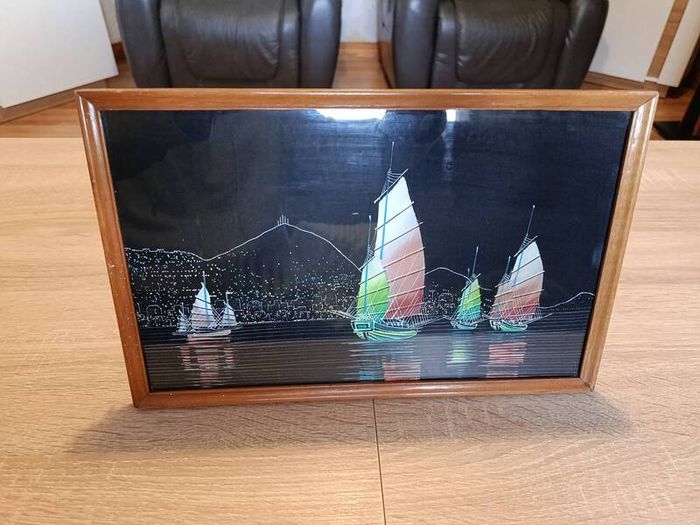 Vintage Hong Kong Harbor Junk Ships Art C Yuen Tsu