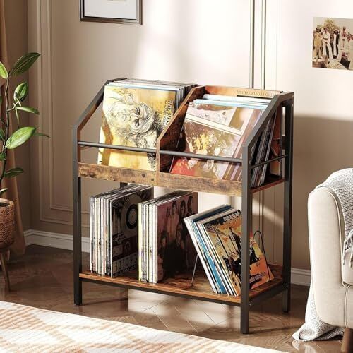 2-Tier Vinyl Record Storage Holder Rack, 250 LP Albums Display Shelf, Wooden Vinyl Storage Rack with Wire Dividers for Records, CDs, Books, Rustic Brown and Black