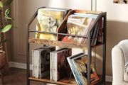 2-Tier Vinyl Record Storage Holder Rack, 250 LP Albums Display Shelf, Wooden Vinyl Storage Rack with Wire Dividers for Records, CDs, Books, Rustic Brown and Black