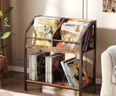 2-Tier Vinyl Record Storage Holder Rack, 250 LP Albums Display Shelf, Wooden Vinyl Storage Rack with Wire Dividers for Records, CDs, Books, Rustic Brown and Black