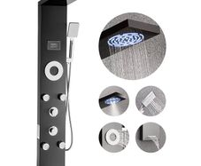 Shower Panel Tower System with Rainfall Shower Head, LED, 53 in Brushed Stainless Steel Shower Column, 6-Function Faucet, Wall-Mount Rain Massage System with 5 Body Jets, Handheld, Tub Spout