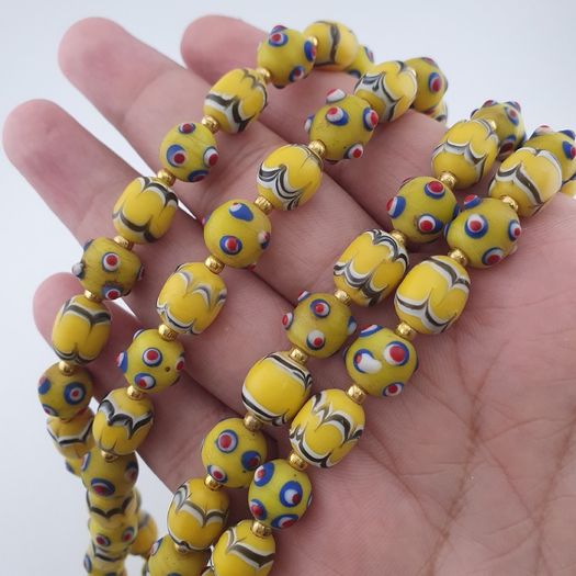 Antique Venetian Style Yellow Skunk & Trade Glass Beads Necklace