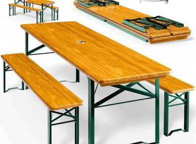 Folding Picnic Table & Bench Set with Parasol Hole