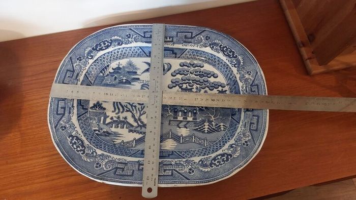 Beautiful Antique Blue and White Transferware Willow Pattern Large Platter, Unknown Maker, Circa 1860's, Most Likely Staffordshire Made