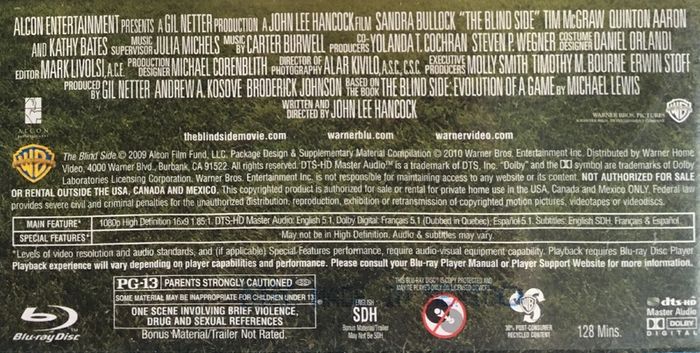 The Blind Side [2009] Quinton Aaron, Sandra Bullock, Tim McGraw, Kathy Bates & Lily Collins [Blu-ray Movie] Academy Award Winner