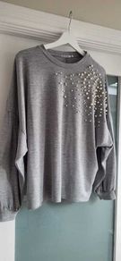 Stradivarius grey pearl batwing top Sz L (Fit 12-14)