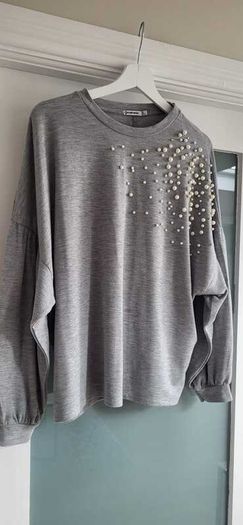 Stradivarius grey pearl batwing top Sz L (Fit 12-14)