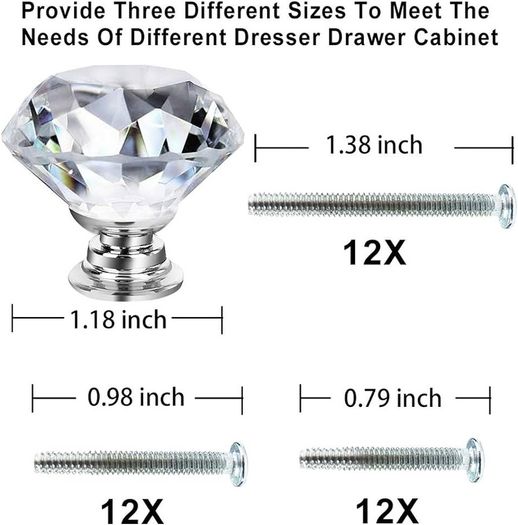 12p Crystal Knobs - Drawer Knobs Dresser Knobs 30mm Glass Diamond Knobs Pull and Knobs 12p Knobs