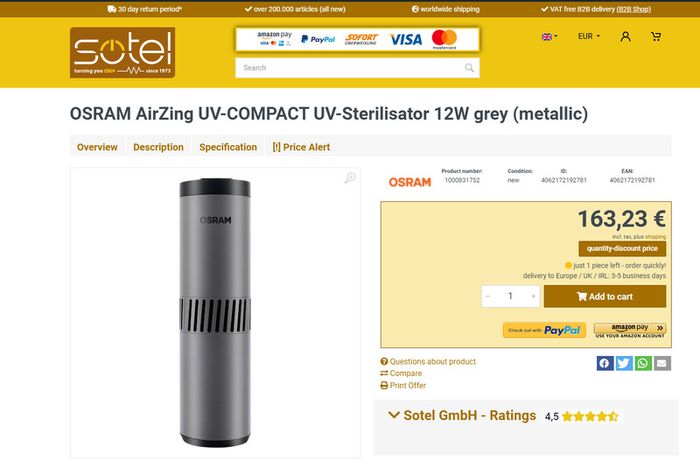AirZing UV-Compact ! OSRAM ! UV-Sterilisator ! BRAND NEW ! Never Used ! RRP 150 Euro !