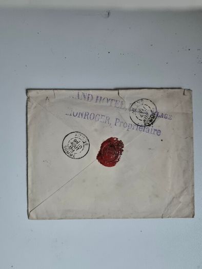 Stamp envelope. France 1889 Postal History Cover Berck-Plage Grand Hotel Lionroger Wax Seal Amiens. antique, 19th-century, mail, envelope, commerce, tourism, maritime, railway, train, transit, postmark, cancellation.