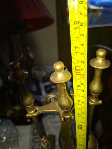 A Vintage Brass Fireplace Companion set, a Brush, Tongs, Shovel and Poker suspended on a stand, Postage available or Collection