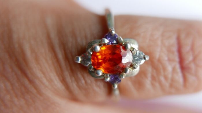 Vintage 925 Sterling Silver Ring with Central Orange Stone and Accent Stones