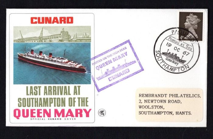 1967 Great Britain Cover Celebrating Cunard Last Transatlantic Voyage of the Cunard Queen Mary Cover with with Southampton Paquebot cancel with separate cancel posted on the High seas tying 4d Machin definitive