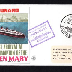 1967 Great Britain Cover Celebrating Cunard Last Transatlantic Voyage of the Cunard Queen Mary Cover with with Southampton Paquebot cancel with separate cancel posted on the High seas tying 4d Machin definitive
