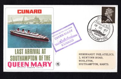 1967 Great Britain Cover Celebrating Cunard Last Transatlantic Voyage of the Cunard Queen Mary Cover with with Southampton Paquebot cancel with separate cancel posted on the High seas tying 4d Machin definitive