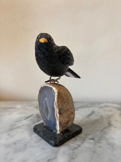 Hand-Carved Gemstone Blackbird on Crystal Geode Base