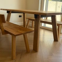 Solid oak dining table and benches