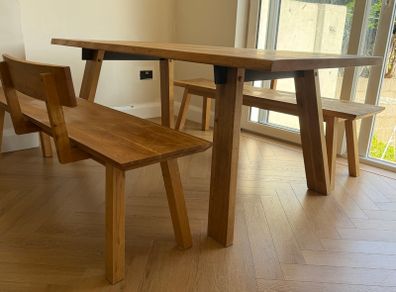 Solid oak dining table and benches
