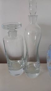 2 Uniquely Shaped  Glass Decanters