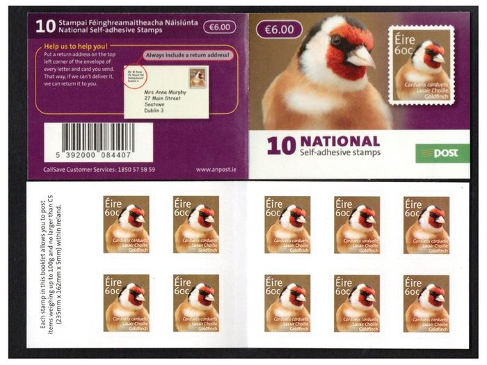 2013 Ireland Goldfinch Definitive Stamps Booklet Mint Never Hinged (MNH). Hibernian HB190.