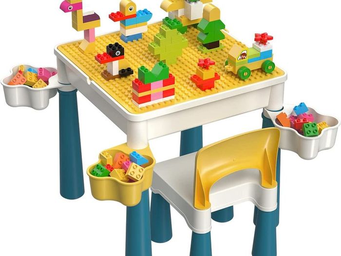 Kids Building Blocks Table and Chair Set, Multi-Activity Table with 1 Chair and 130 Pieces Large Building Blocks, Creativity Bricks Compatible Construction Toys for Boys and Girls