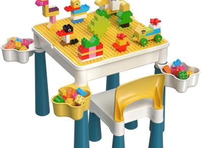 Kids Building Blocks Table and Chair Set, Multi-Activity Table with 1 Chair and 130 Pieces Large Building Blocks, Creativity Bricks Compatible Construction Toys for Boys and Girls