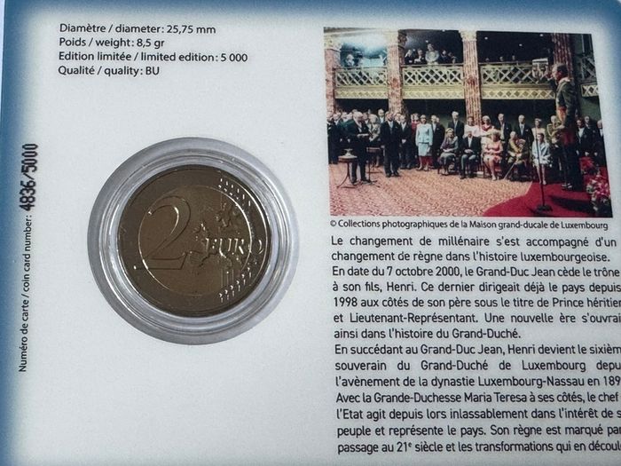 Luxembourg 2 Euro Commemorative Coin 2025 - 25th Anniversary of Grand Duke Henry's Accession to the Throne. BU. Coincard.