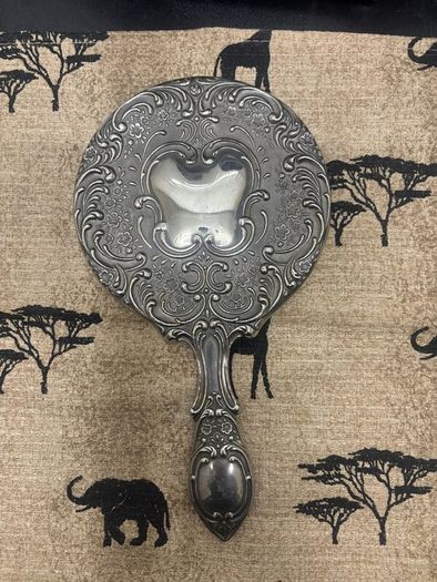 Vintage Ornate Silver-Tone Hand Mirror Floral Embossed Design.