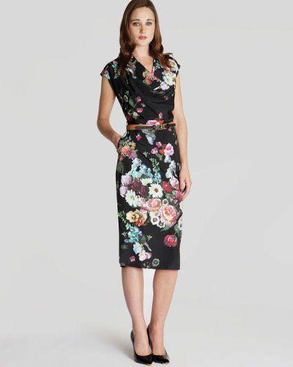 TED BAKER Floral Black Oil Painting Midi Dress Size 0