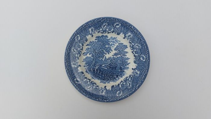 Lovely Vintage Blue and White 7.75 Inch Luncheon Plate By English Ironstone Tableware in a Lovely Cottagecore Style Idyllic Rural Scene Pattern