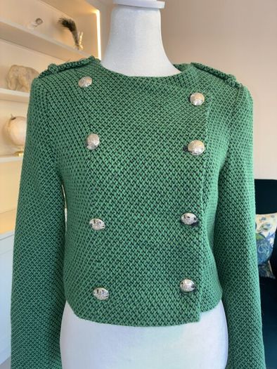 Green Tweed Textured Weave Jacket with Gold Buttons from Zara