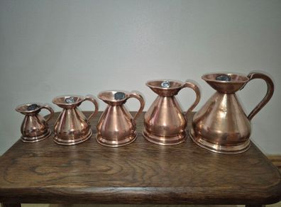 Stunning Set of 5 Vintage/Antique Copper Haystack Measuring Jugs Full Graduated Set