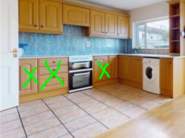 Bath, kitchen units, tap, wooden floor, radiators