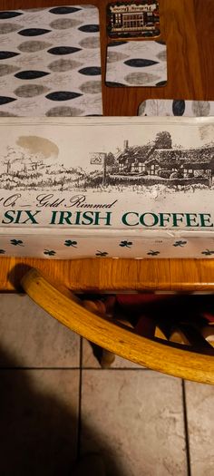 Vintage Set of 6 Gold Rimmed Irish Coffee Goblets in original box France clear glass green clover barware Shamrocks excellent condition .